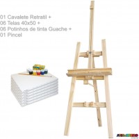Kit de Pintura com Cavalete Retratil p/ transporte 180X50 + 06 Telas 40x50 + 06 Potes de tinta guache + 01 Pincel 